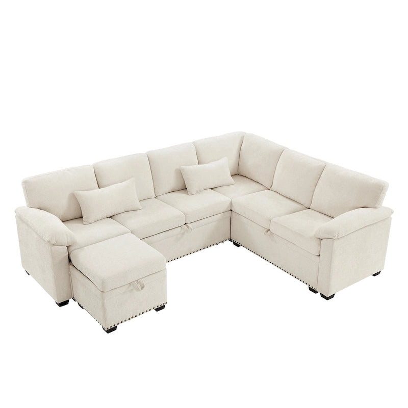 Canapé d’angle en chenille 97 avec pouf de rangement, 7 places et 2 coussins - Canapé-lit convertible
