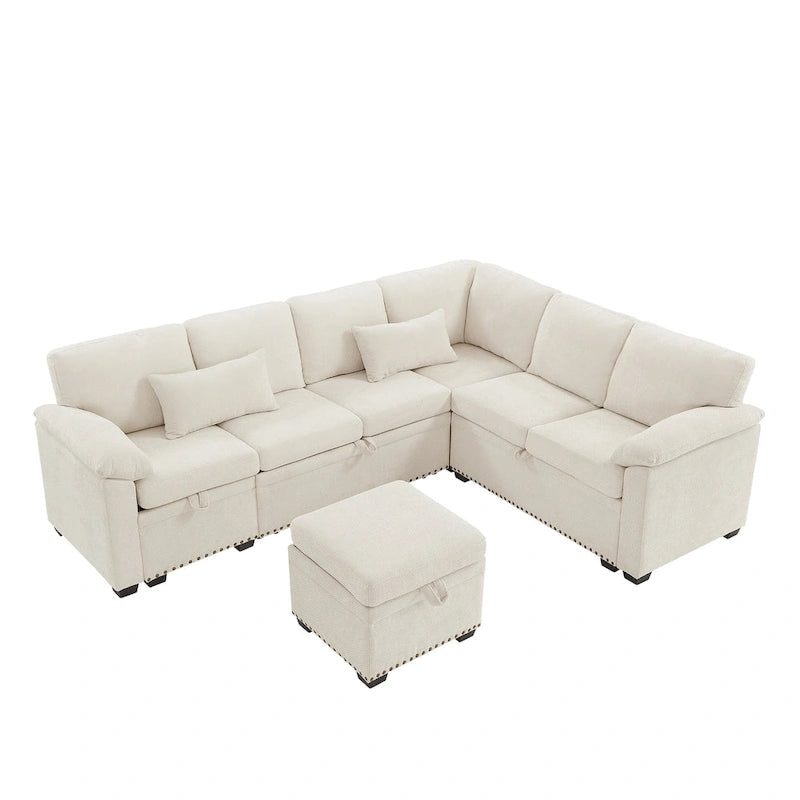 Canapé d’angle en chenille 97 avec pouf de rangement, 7 places et 2 coussins - Canapé-lit convertible