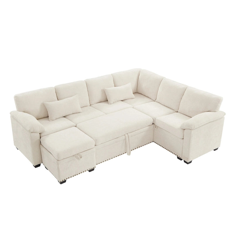 Canapé d’angle en chenille 97 avec pouf de rangement, 7 places et 2 coussins - Canapé-lit convertible