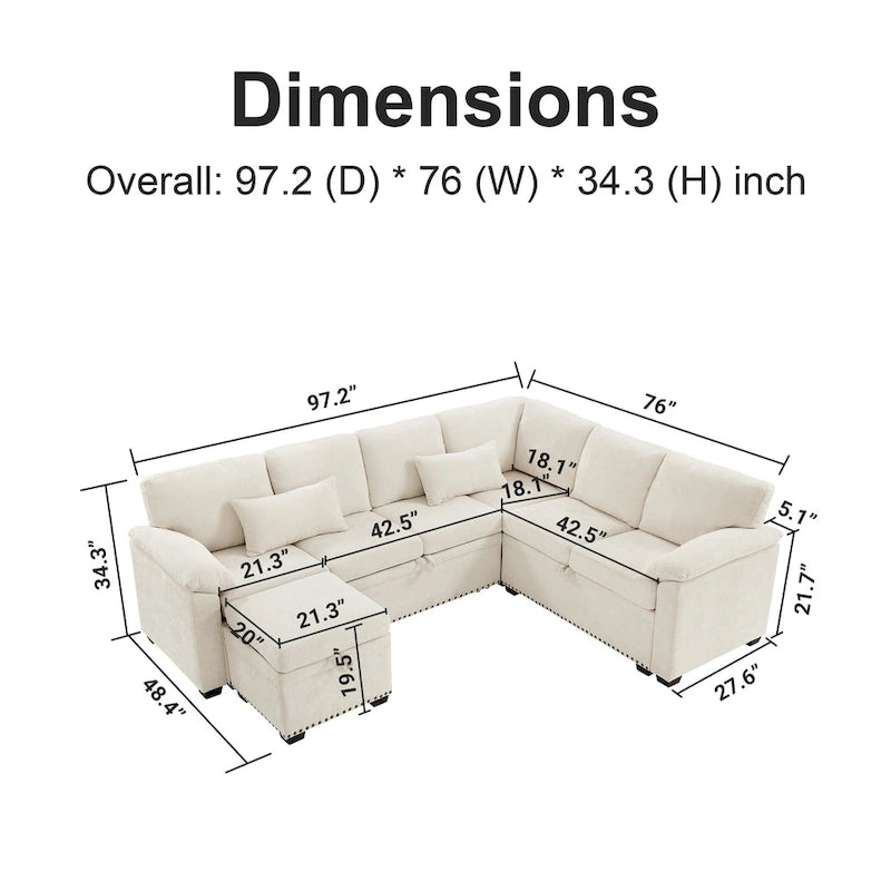 Canapé d’angle en chenille 97 avec pouf de rangement, 7 places et 2 coussins - Canapé-lit convertible