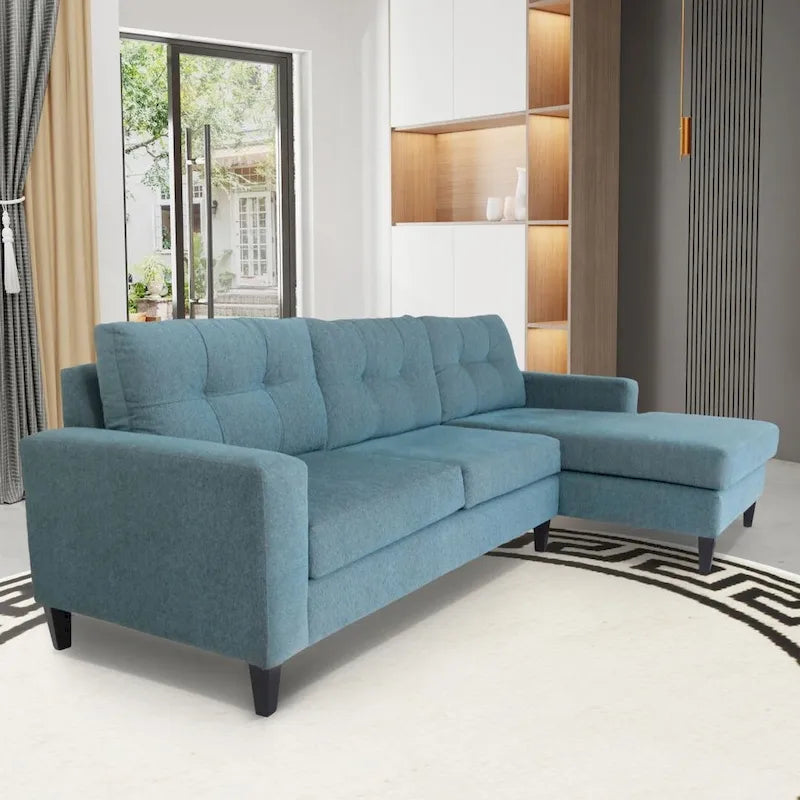 Canapé d’angle contemporain en L, polyester et nylon, cadre en bois massif, revêtement rembourré