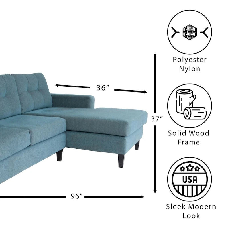 Canapé d’angle contemporain en L, polyester et nylon, cadre en bois massif, revêtement rembourré