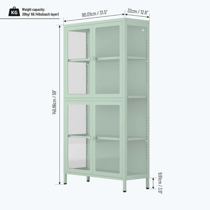 Mueble de almacenamiento con cuatro puertas de cristal y estantes ajustables