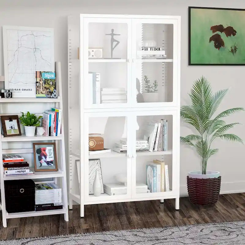 Mueble de almacenamiento con cuatro puertas de cristal y estantes ajustables