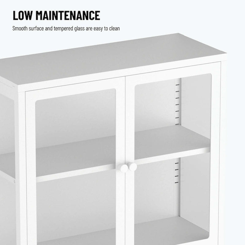 Mueble de almacenamiento con cuatro puertas de cristal y estantes ajustables