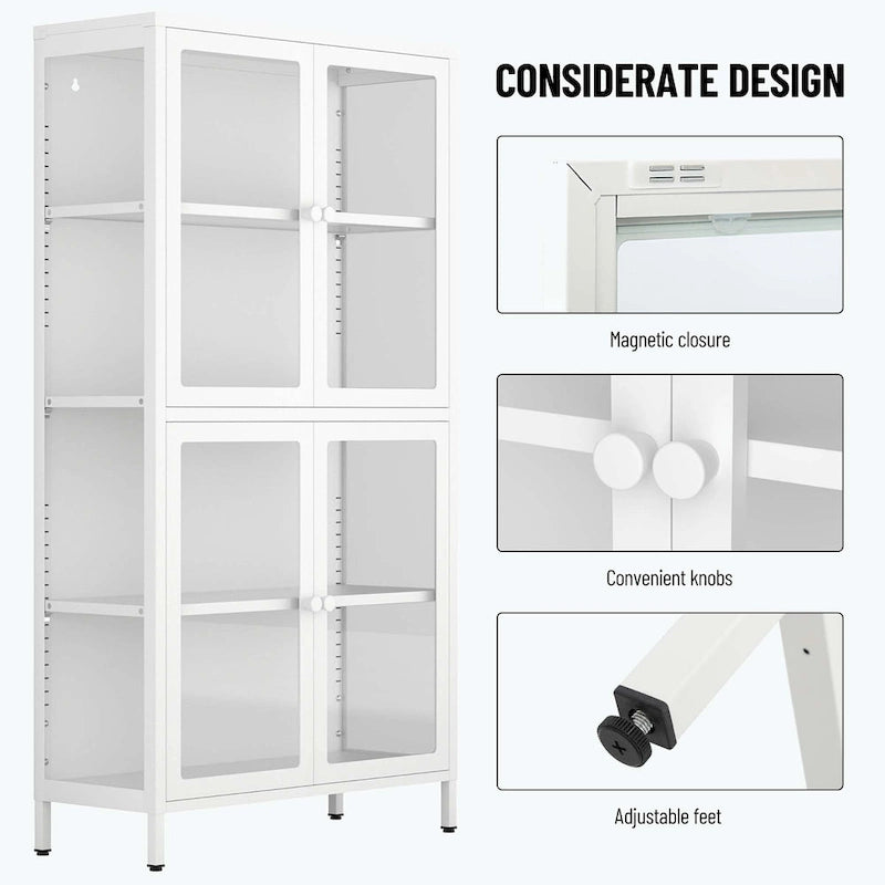 Mueble de almacenamiento con cuatro puertas de cristal y estantes ajustables