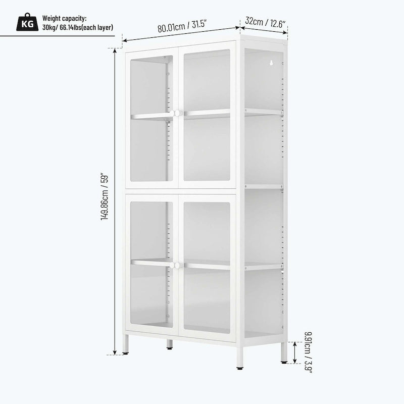 Mueble de almacenamiento con cuatro puertas de cristal y estantes ajustables