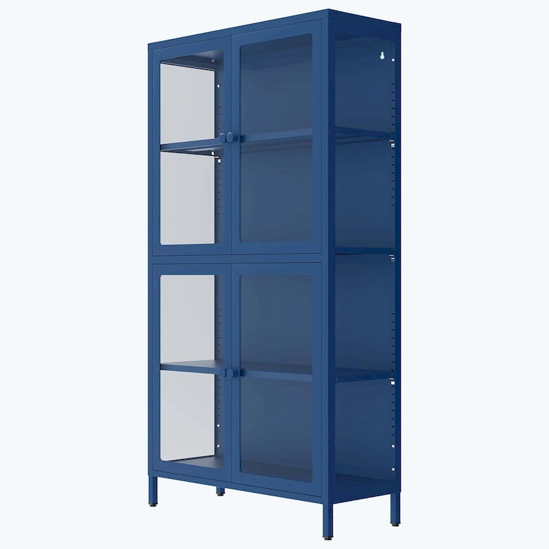 Mueble de almacenamiento con cuatro puertas de cristal y estantes ajustables
