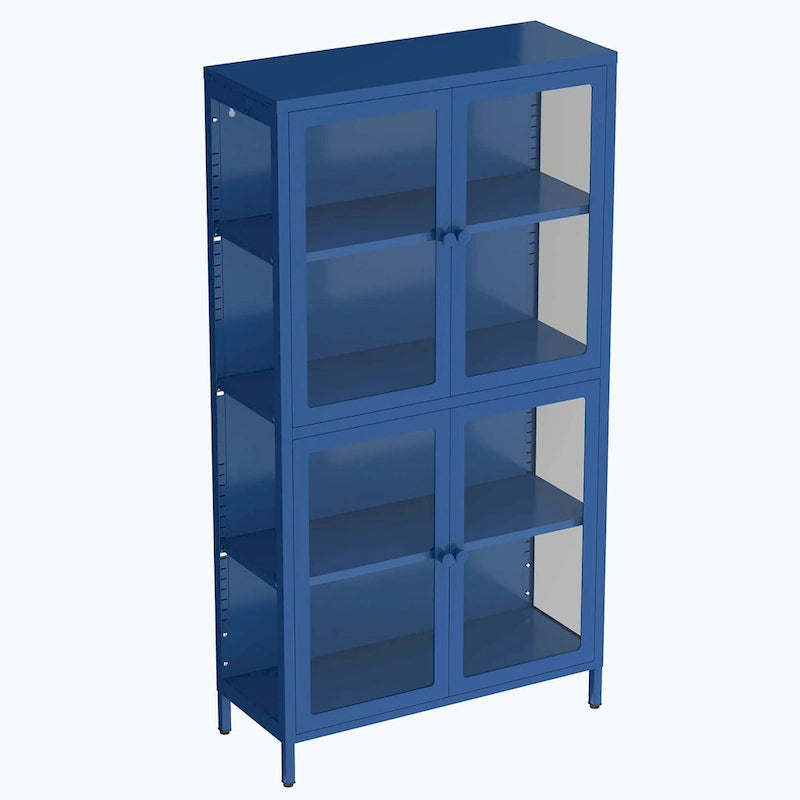 Mueble de almacenamiento con cuatro puertas de cristal y estantes ajustables