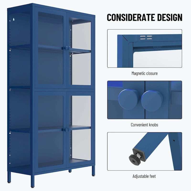 Mueble de almacenamiento con cuatro puertas de cristal y estantes ajustables