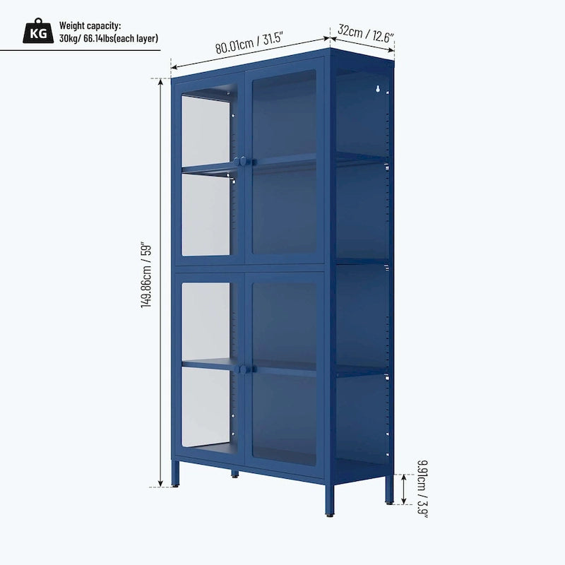 Mueble de almacenamiento con cuatro puertas de cristal y estantes ajustables