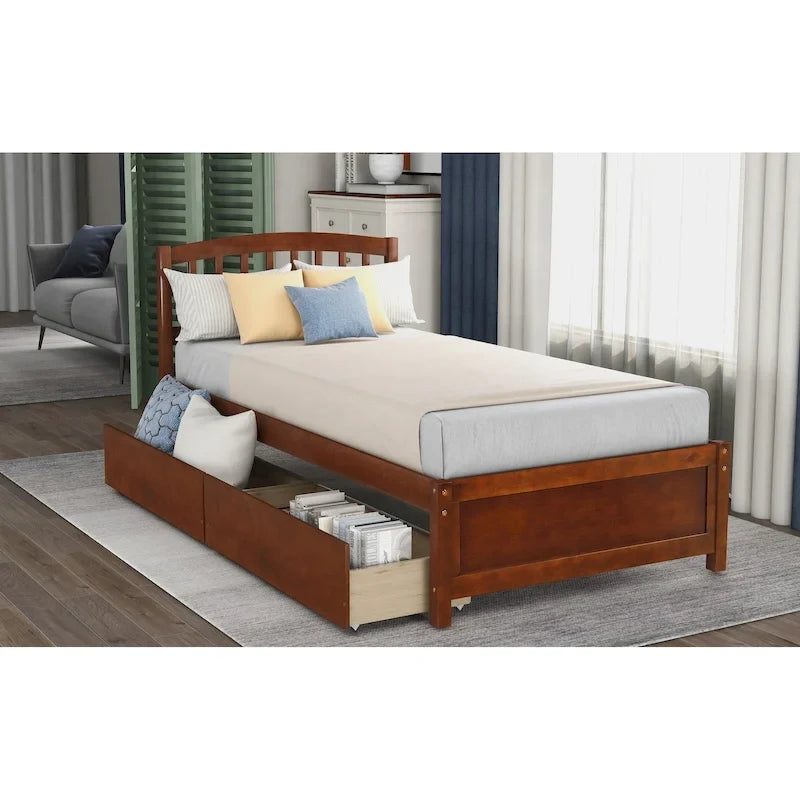Cama de plataforma individual de madera con dos cajones y cabecera