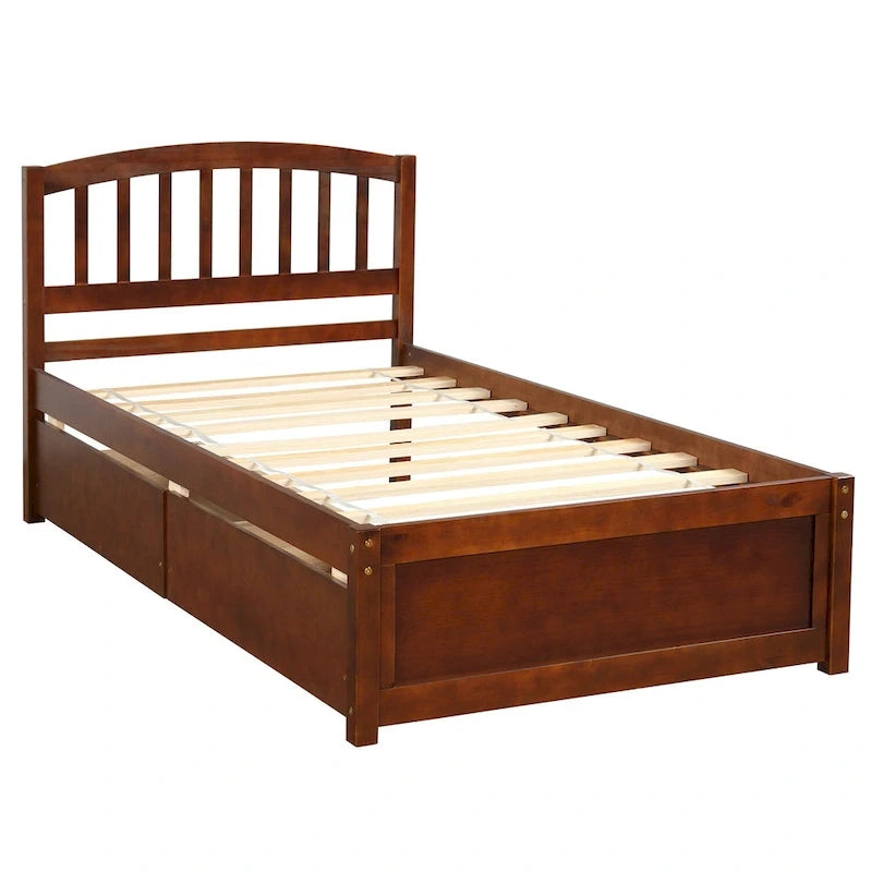 Cama de plataforma individual de madera con dos cajones y cabecera