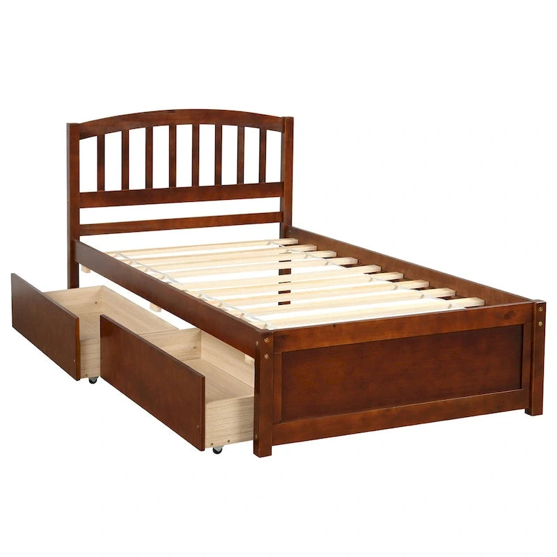 Cama de plataforma individual de madera con dos cajones y cabecera