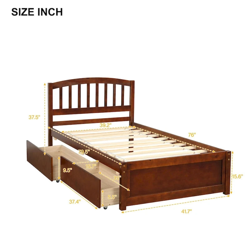 Plattformbett aus Holz in Twin-Größe mit zwei Schubladen und Kopfteil