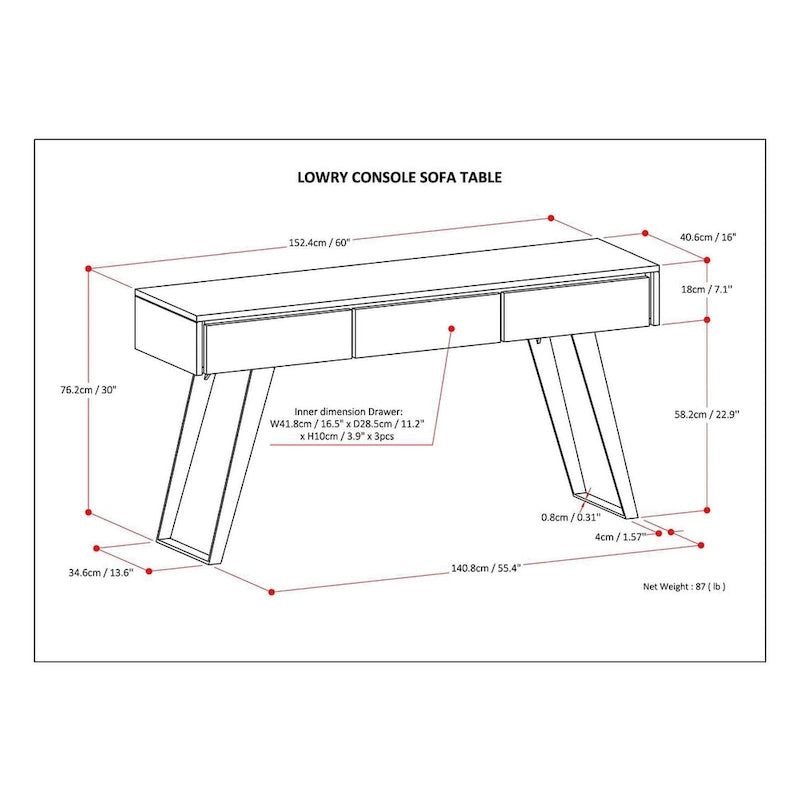 Console industrielle moderne de 60 pouces, table pour canapé - 60 W x 16 D x 30 H
