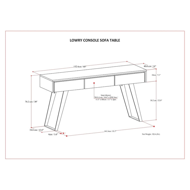 Console industrielle moderne de 60 pouces, table pour canapé - 60 W x 16 D x 30 H