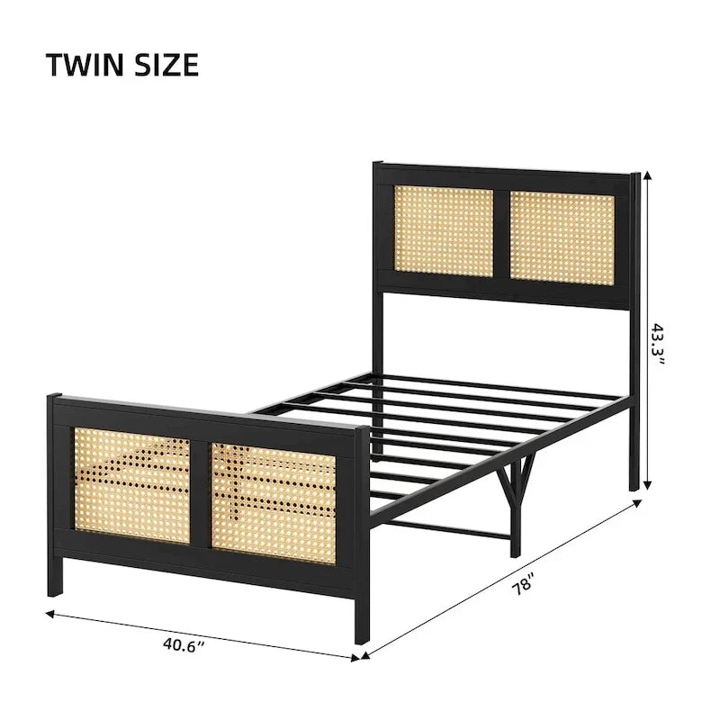 Estructura de cama con cabecero y piecero de ratán