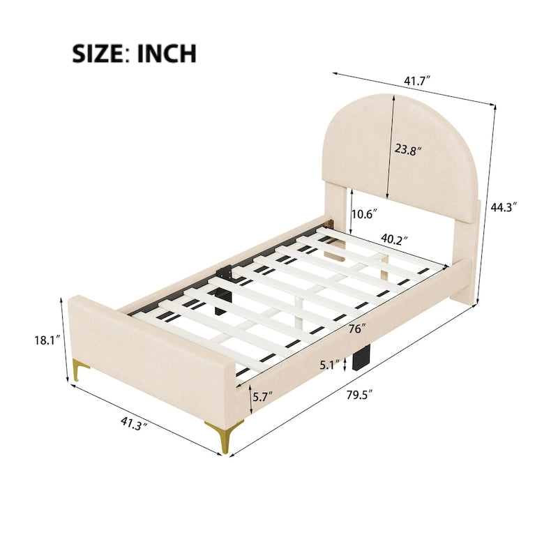 Lit plateforme rembourré avec tête de lit classique en demi-cercle et pieds en métal