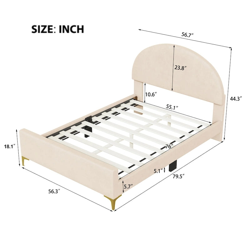Lit plateforme rembourré avec tête de lit classique en demi-cercle et pieds en métal