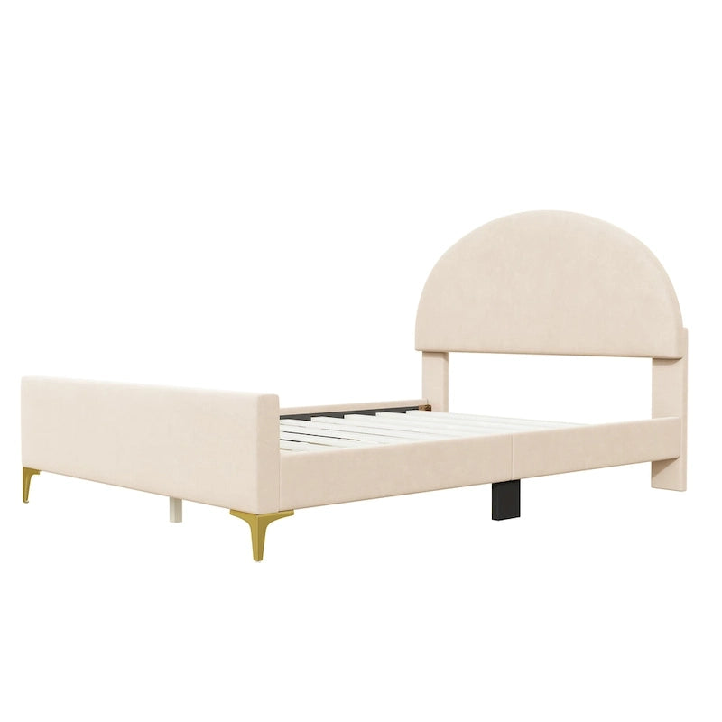 Lit plateforme rembourré avec tête de lit classique en demi-cercle et pieds en métal