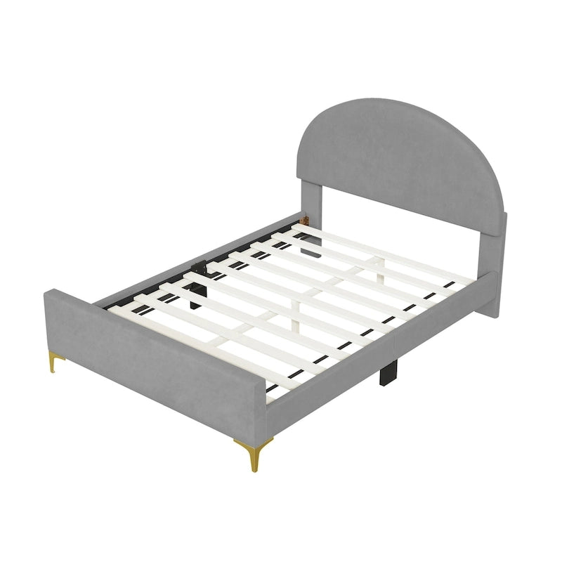 Lit plateforme rembourré avec tête de lit classique en demi-cercle et pieds en métal