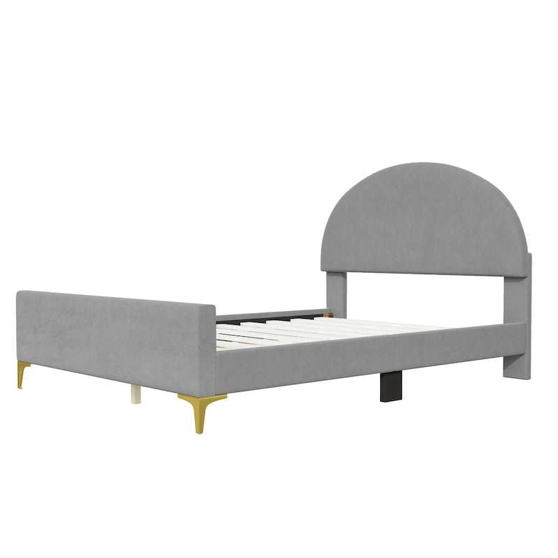 Lit plateforme rembourré avec tête de lit classique en demi-cercle et pieds en métal