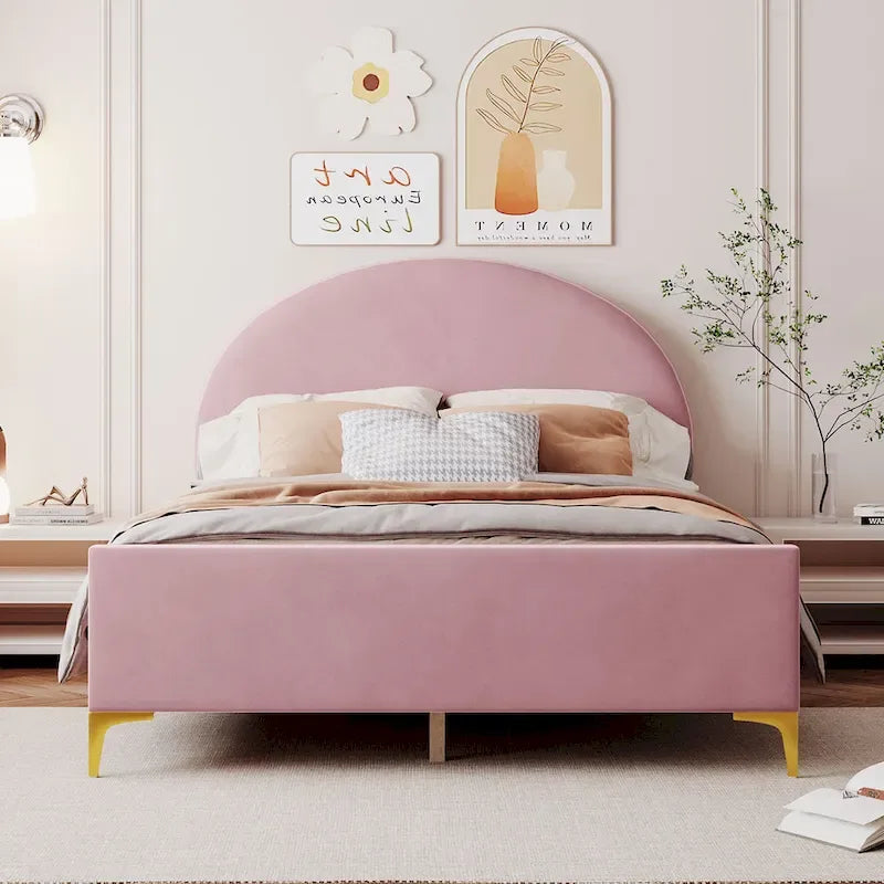 Lit plateforme rembourré avec tête de lit classique en demi-cercle et pieds en métal