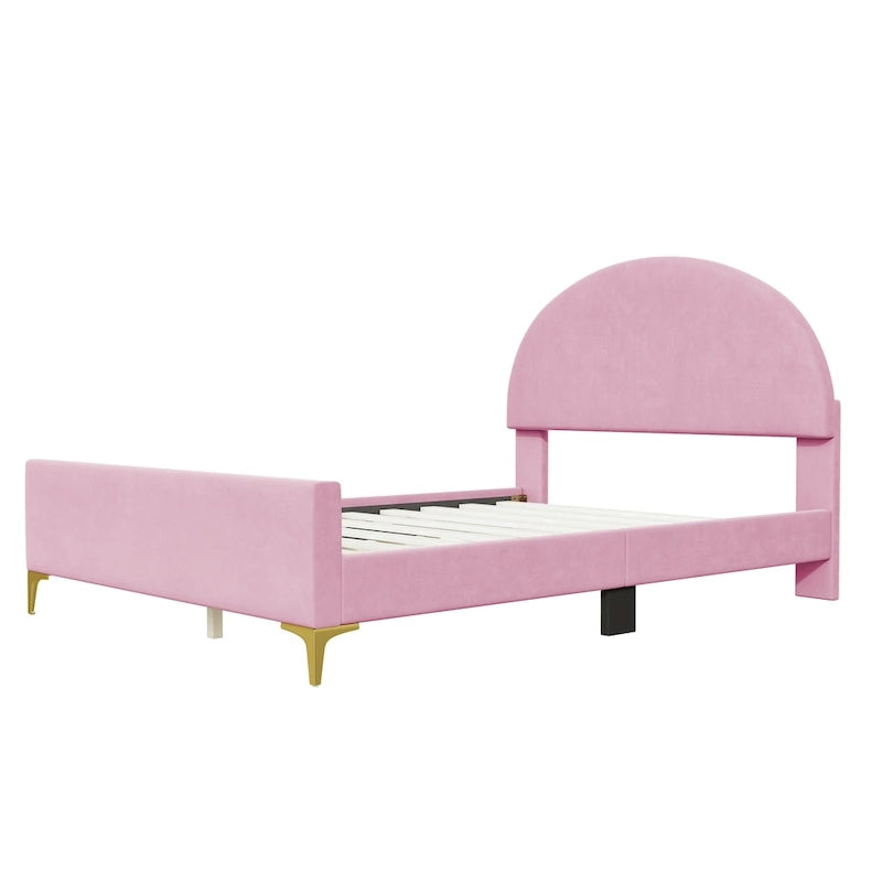 Lit plateforme rembourré avec tête de lit classique en demi-cercle et pieds en métal
