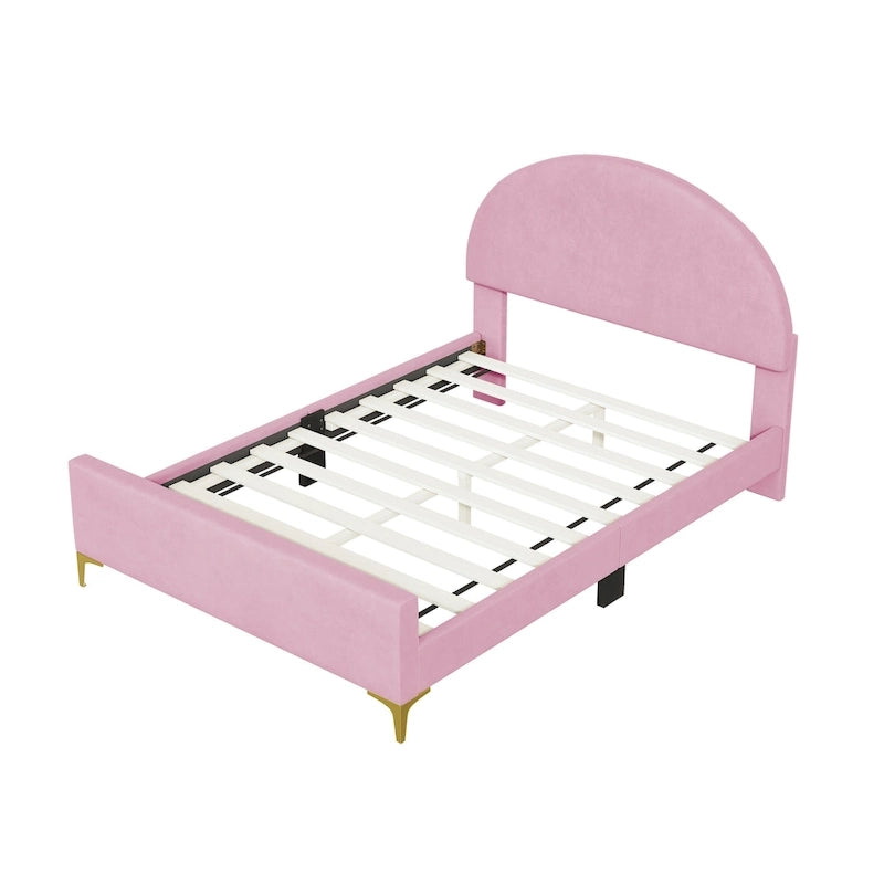 Lit plateforme rembourré avec tête de lit classique en demi-cercle et pieds en métal