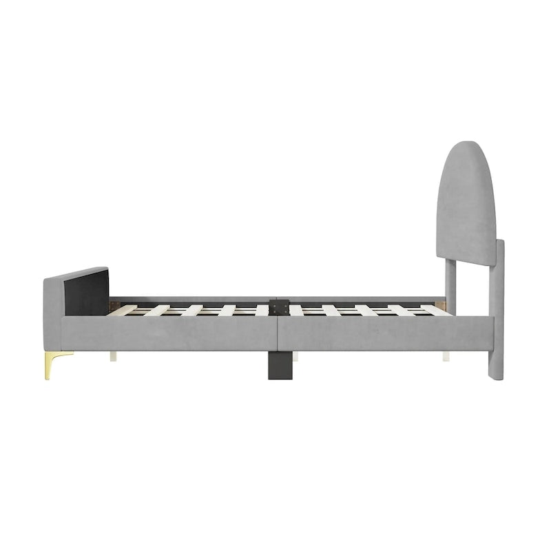 Lit plateforme rembourré avec tête de lit classique en demi-cercle et pieds en métal