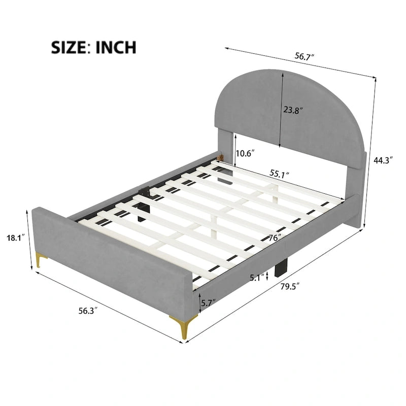 Lit plateforme rembourré avec tête de lit classique en demi-cercle et pieds en métal