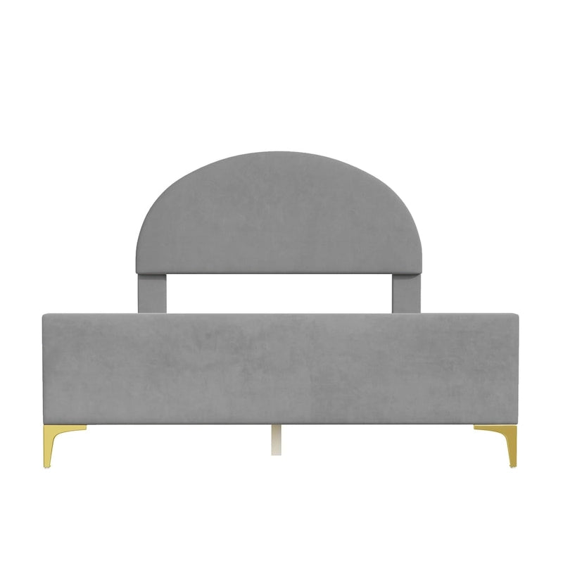 Lit plateforme rembourré avec tête de lit classique en demi-cercle et pieds en métal