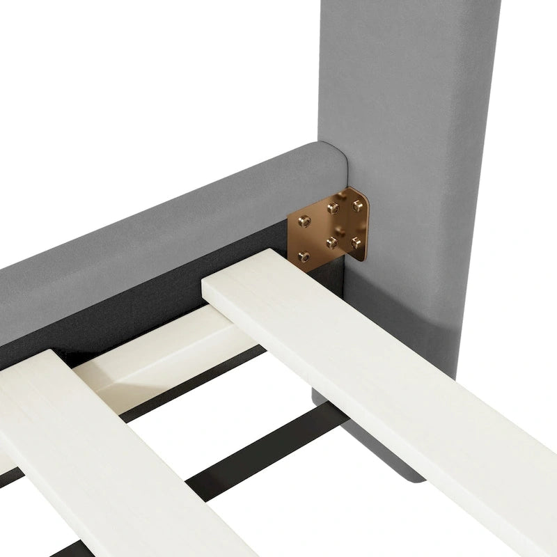 Lit plateforme rembourré avec tête de lit classique en demi-cercle et pieds en métal