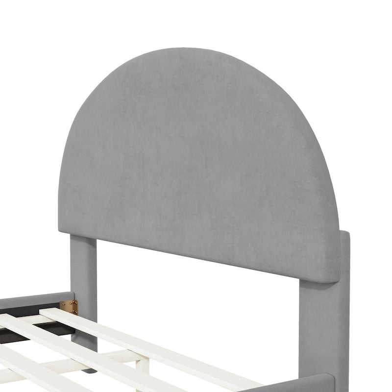Lit plateforme rembourré avec tête de lit classique en demi-cercle et pieds en métal