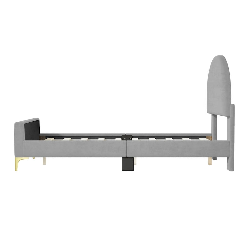 Lit plateforme rembourré avec tête de lit classique en demi-cercle et pieds en métal