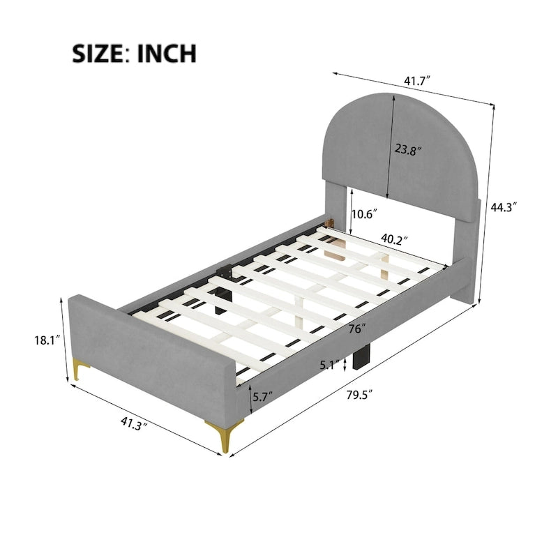 Lit plateforme rembourré avec tête de lit classique en demi-cercle et pieds en métal