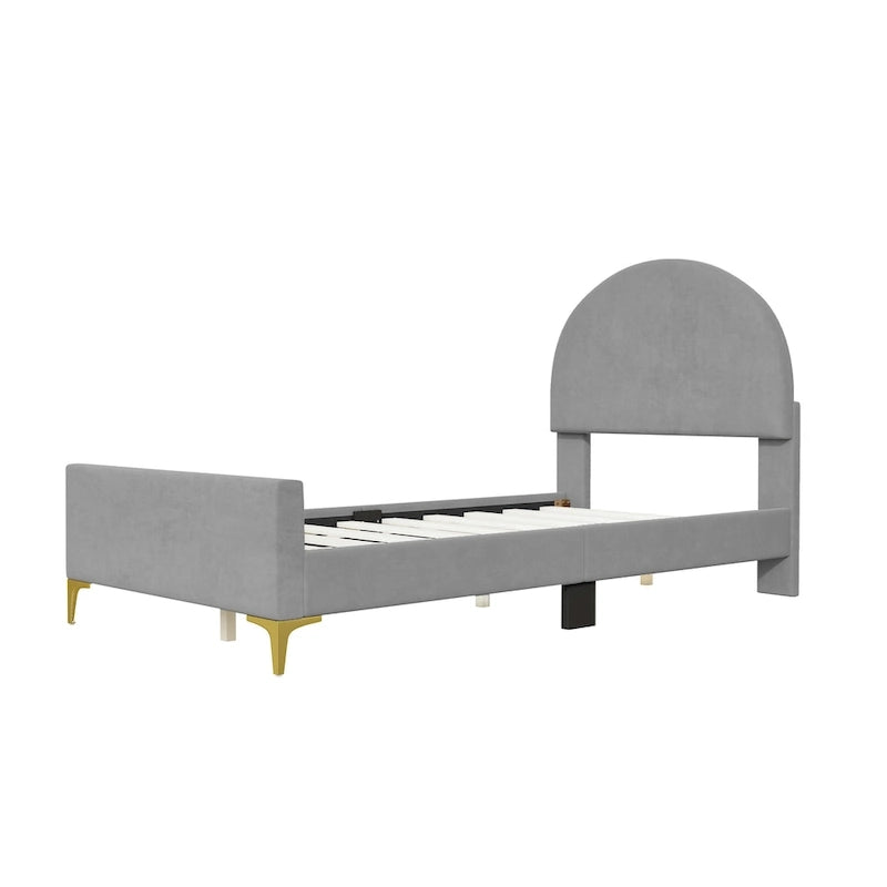 Lit plateforme rembourré avec tête de lit classique en demi-cercle et pieds en métal