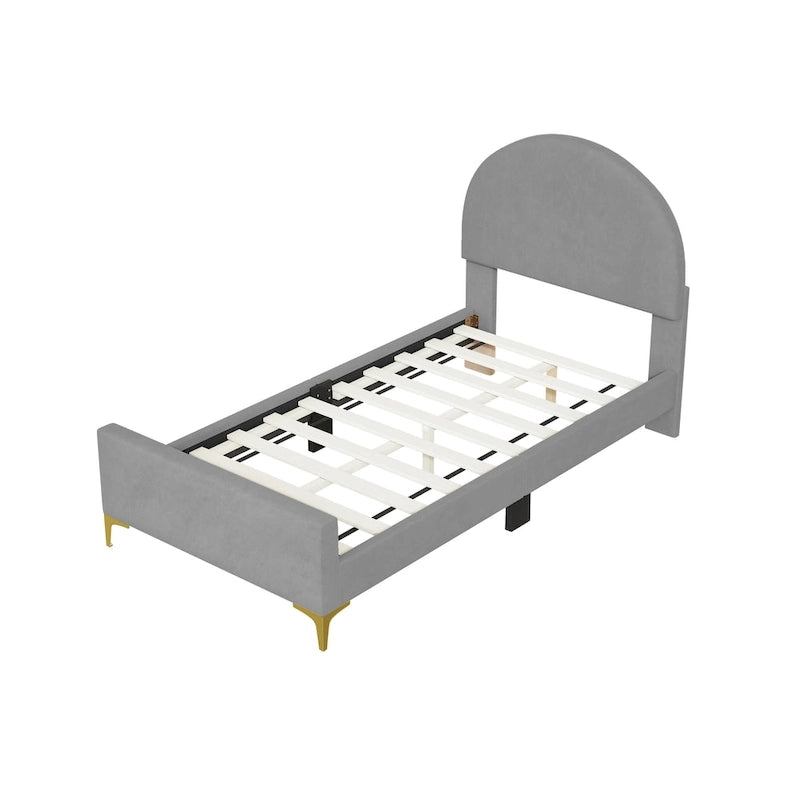 Lit plateforme rembourré avec tête de lit classique en demi-cercle et pieds en métal