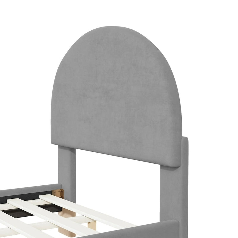 Lit plateforme rembourré avec tête de lit classique en demi-cercle et pieds en métal