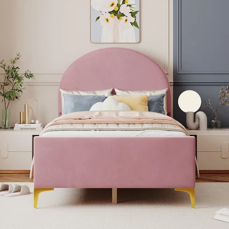 Lit plateforme rembourré avec tête de lit classique en demi-cercle et pieds en métal