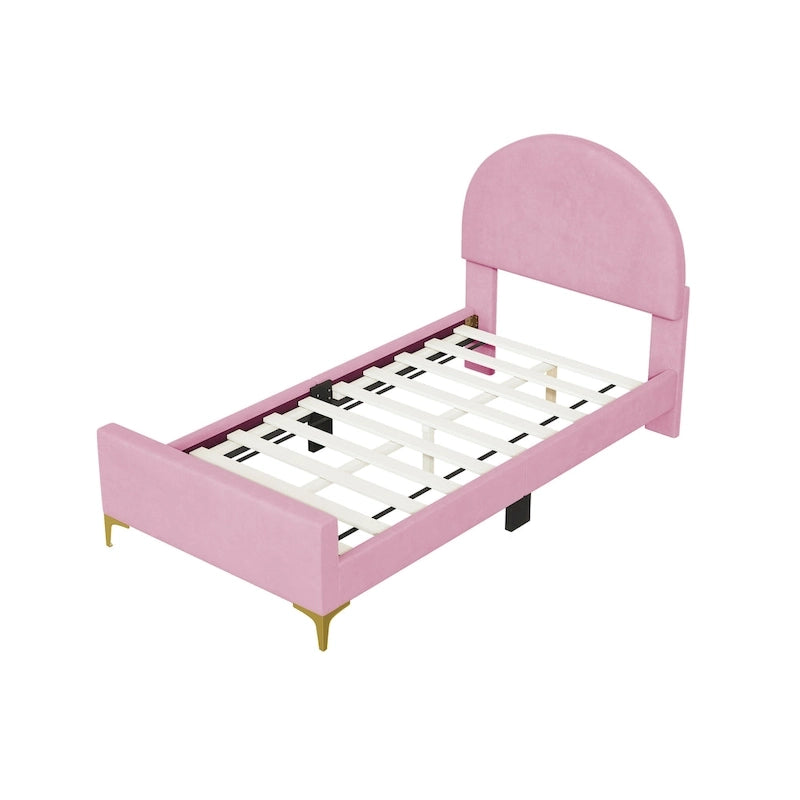 Lit plateforme rembourré avec tête de lit classique en demi-cercle et pieds en métal