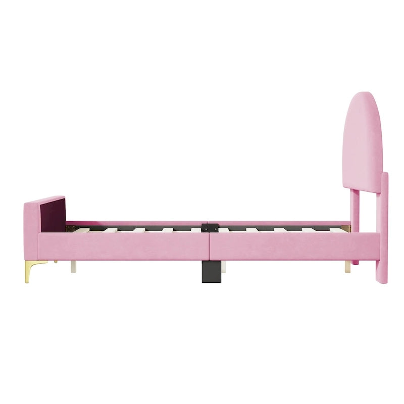 Lit plateforme rembourré avec tête de lit classique en demi-cercle et pieds en métal
