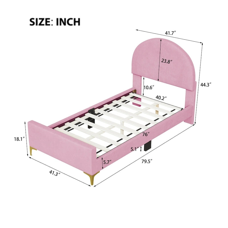 Lit plateforme rembourré avec tête de lit classique en demi-cercle et pieds en métal