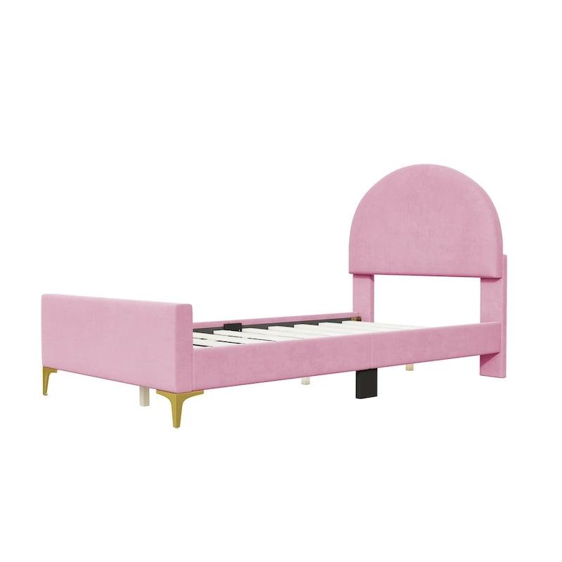 Lit plateforme rembourré avec tête de lit classique en demi-cercle et pieds en métal