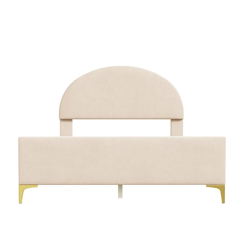 Lit plateforme rembourré avec tête de lit classique en demi-cercle et pieds en métal