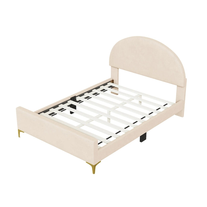 Lit plateforme rembourré avec tête de lit classique en demi-cercle et pieds en métal