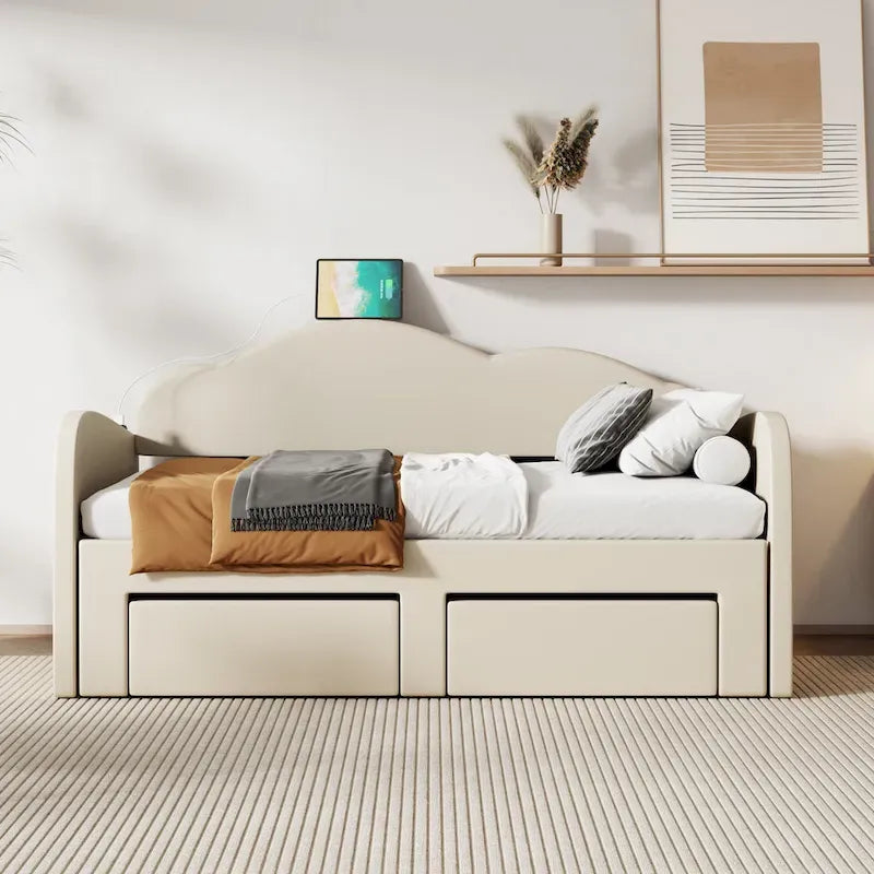 Diván individual tapizado con respaldo en forma de nube, cama nido, 2 cajones y puertos USB, color beige