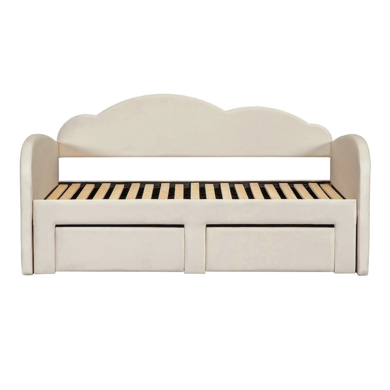 Diván individual tapizado con respaldo en forma de nube, cama nido, 2 cajones y puertos USB, color beige