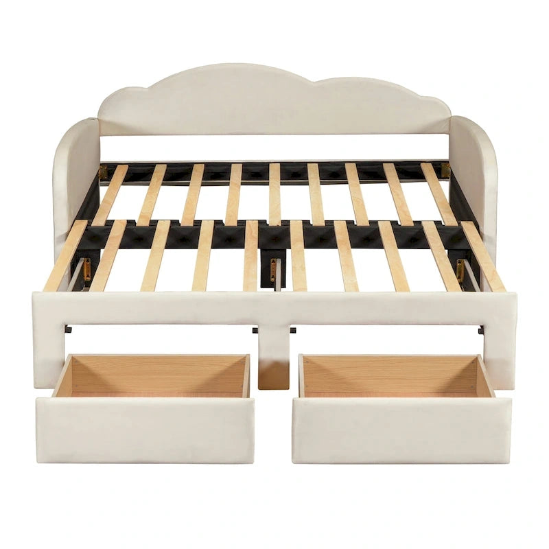 Diván individual tapizado con respaldo en forma de nube, cama nido, 2 cajones y puertos USB, color beige